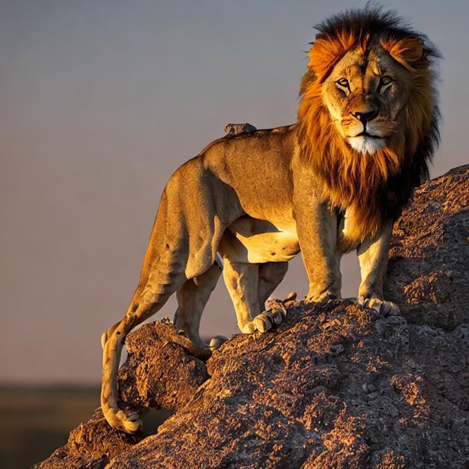 A majestic lion standing on a rocky outcrop overlooking a vast savannah
