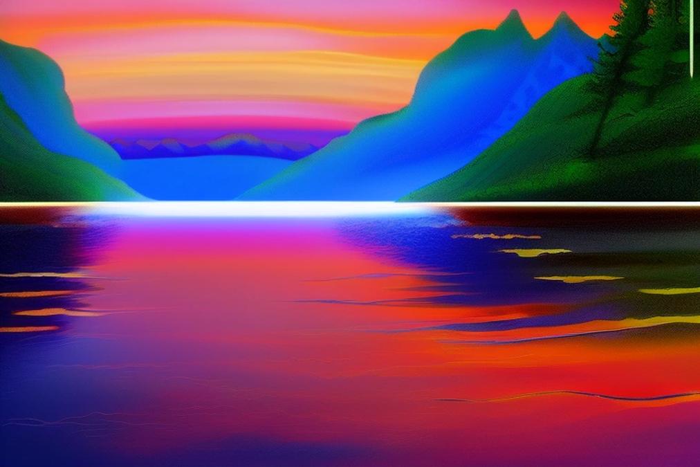 A serene landscape with a vibrant sunset over a calm lake